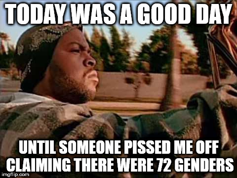 Today Was A Good Day Meme | TODAY WAS A GOOD DAY; UNTIL SOMEONE PISSED ME OFF CLAIMING THERE WERE 72 GENDERS | image tagged in memes,today was a good day | made w/ Imgflip meme maker