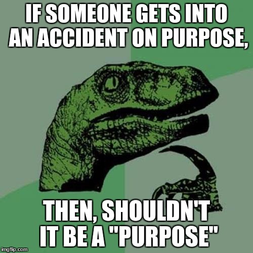 Philosoraptor | IF SOMEONE GETS INTO AN ACCIDENT ON PURPOSE, THEN, SHOULDN'T IT BE A "PURPOSE" | image tagged in memes,philosoraptor | made w/ Imgflip meme maker