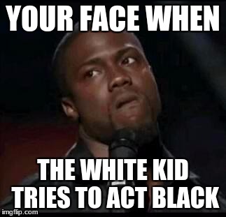 Kevin Hart  | YOUR FACE WHEN; THE WHITE KID TRIES TO ACT BLACK | image tagged in kevin hart | made w/ Imgflip meme maker