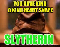 Harry Potter Sorting Hat | YOU HAVE KIND A KIND HEART SNAPE; SLYTHERIN | image tagged in harry potter sorting hat | made w/ Imgflip meme maker