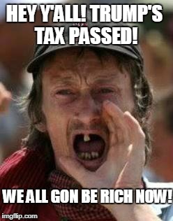 redneck trump | HEY Y'ALL! TRUMP'S TAX PASSED! WE ALL GON BE RICH NOW! | image tagged in redneck trump | made w/ Imgflip meme maker