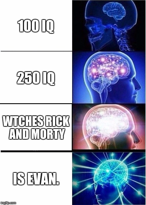 Expanding Brain Meme | 100 IQ; 250 IQ; WTCHES RICK AND MORTY; IS EVAN. | image tagged in memes,expanding brain | made w/ Imgflip meme maker