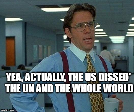 That Would Be Great Meme | YEA, ACTUALLY, THE US DISSED' THE UN AND THE WHOLE WORLD | image tagged in memes,that would be great | made w/ Imgflip meme maker