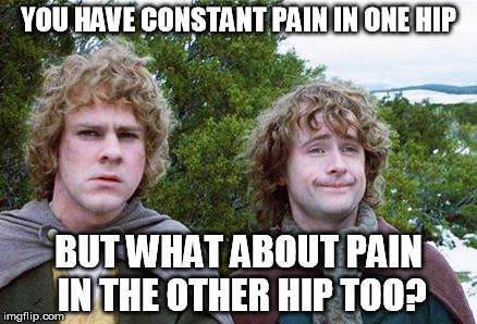 Second Breakfast | YOU HAVE CONSTANT PAIN IN ONE HIP; BUT WHAT ABOUT PAIN IN THE OTHER HIP TOO? | image tagged in second breakfast,AdviceAnimals | made w/ Imgflip meme maker