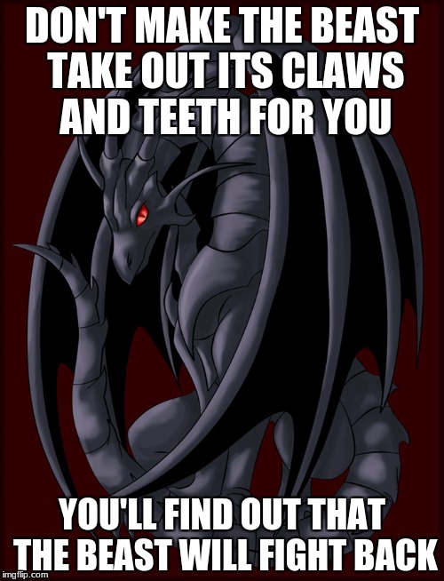Don't touch the monster | DON'T MAKE THE BEAST TAKE OUT ITS CLAWS AND TEETH FOR YOU; YOU'LL FIND OUT THAT THE BEAST WILL FIGHT BACK | image tagged in dragon,memes | made w/ Imgflip meme maker