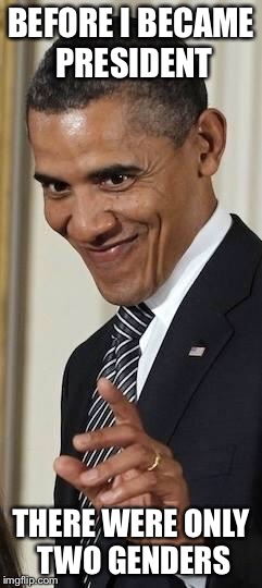 Creepy Obama |  BEFORE I BECAME PRESIDENT; THERE WERE ONLY TWO GENDERS | image tagged in creepy obama,barack obama,obama,political correctness,2 genders,tired of hearing about transgenders | made w/ Imgflip meme maker