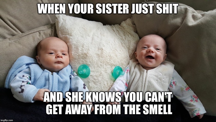 WHEN YOUR SISTER JUST SHIT; AND SHE KNOWS YOU CAN'T GET AWAY FROM THE SMELL | image tagged in adorable | made w/ Imgflip meme maker