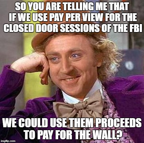 Creepy Condescending Wonka Meme | SO YOU ARE TELLING ME THAT IF WE USE PAY PER VIEW FOR THE CLOSED DOOR SESSIONS OF THE FBI; WE COULD USE THEM PROCEEDS TO PAY FOR THE WALL? | image tagged in memes,creepy condescending wonka | made w/ Imgflip meme maker