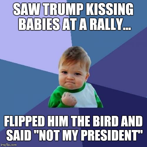 Success Kid Meme | SAW TRUMP KISSING BABIES AT A RALLY... FLIPPED HIM THE BIRD AND SAID "NOT MY PRESIDENT" | image tagged in memes,success kid | made w/ Imgflip meme maker