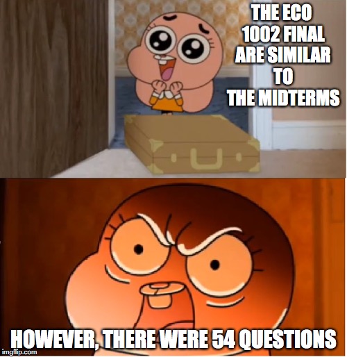 ECO 1002 Final | THE ECO 1002 FINAL ARE SIMILAR TO THE MIDTERMS; HOWEVER, THERE WERE 54 QUESTIONS | image tagged in gumball - anais false hope meme,eco 1002,college,memes | made w/ Imgflip meme maker