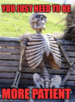 Waiting Skeleton Meme | YOU JUST NEED TO BE MORE PATIENT | image tagged in memes,waiting skeleton | made w/ Imgflip meme maker