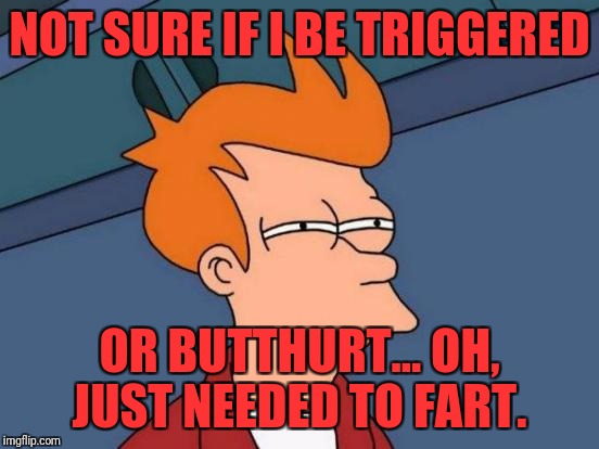 Futurama Fry | NOT SURE IF I BE TRIGGERED; OR BUTTHURT... OH, JUST NEEDED TO FART. | image tagged in memes,futurama fry | made w/ Imgflip meme maker