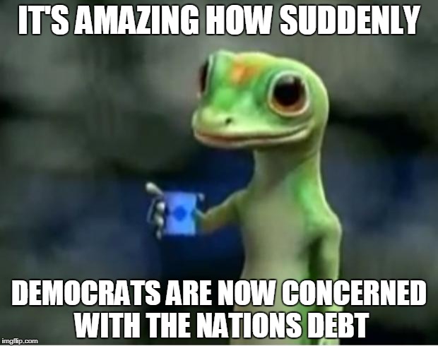 Geico Gecko | IT'S AMAZING HOW SUDDENLY; DEMOCRATS ARE NOW CONCERNED WITH THE NATIONS DEBT | image tagged in geico gecko | made w/ Imgflip meme maker
