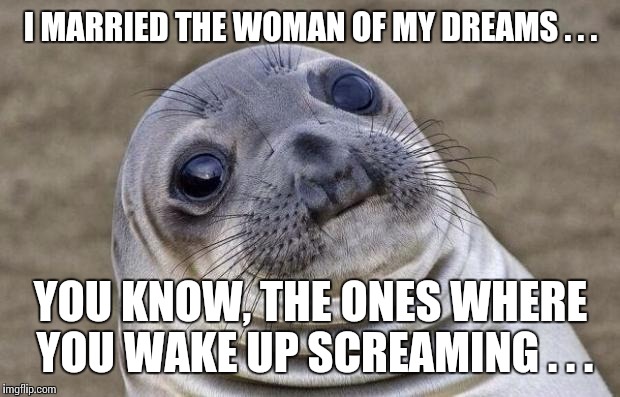 Awkward Moment Sealion Meme | I MARRIED THE WOMAN OF MY DREAMS . . . YOU KNOW, THE ONES WHERE YOU WAKE UP SCREAMING . . . | image tagged in memes,awkward moment sealion | made w/ Imgflip meme maker