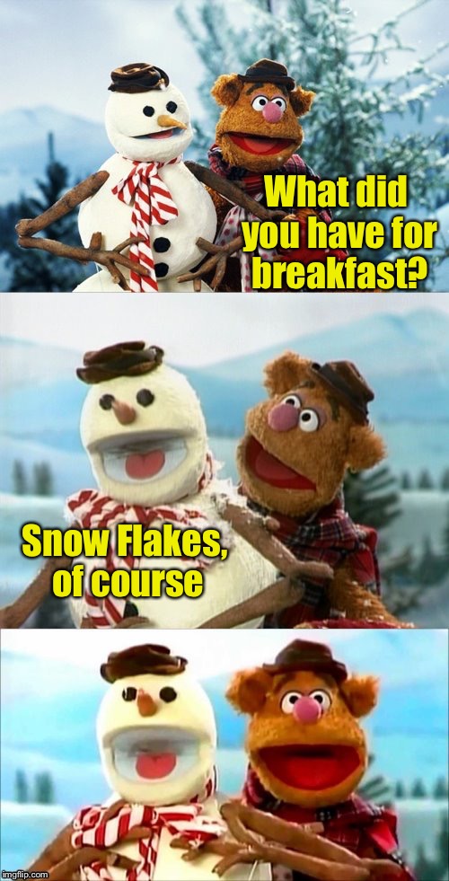Christmas Puns With Fozzie Bear  | What did you have for breakfast? Snow Flakes, of course | image tagged in christmas puns with fozzie bear | made w/ Imgflip meme maker