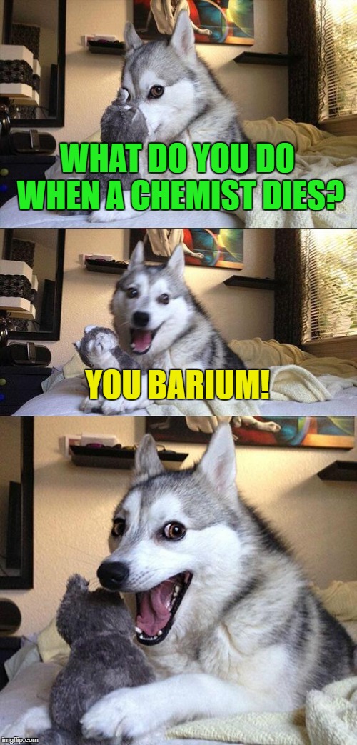 Bad Pun Dog Meme | WHAT DO YOU DO WHEN A CHEMIST DIES? YOU BARIUM! | image tagged in memes,bad pun dog | made w/ Imgflip meme maker