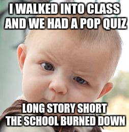 Skeptical Baby Meme | I WALKED INTO CLASS AND WE HAD A POP QUIZ; LONG STORY SHORT THE SCHOOL BURNED DOWN | image tagged in memes,skeptical baby | made w/ Imgflip meme maker