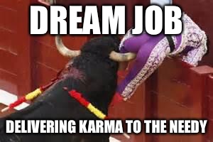 Karma | DREAM JOB; DELIVERING KARMA TO THE NEEDY | image tagged in karma | made w/ Imgflip meme maker