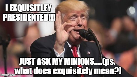 Exquisite Presidenting |  I EXQUISITLEY PRESIDENTED!!! JUST ASK MY MINIONS.....(ps. what does exquisitely mean?) | image tagged in trump,pence,suck up,ass kissers,brown nose | made w/ Imgflip meme maker