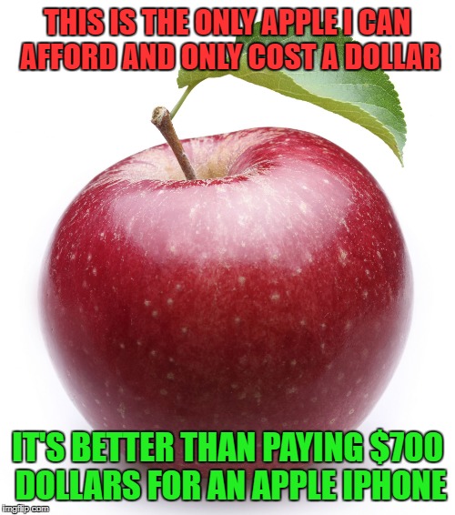 apple | THIS IS THE ONLY APPLE I CAN AFFORD AND ONLY COST A DOLLAR; IT'S BETTER THAN PAYING $700 DOLLARS FOR AN APPLE IPHONE | image tagged in apple | made w/ Imgflip meme maker