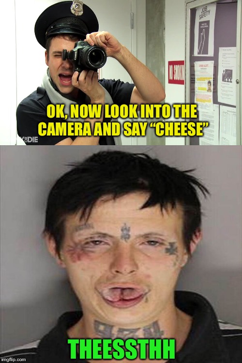 Stupid mugshot  | OK, NOW LOOK INTO THE CAMERA AND SAY “CHEESE”; THEESSTHH | image tagged in memes,mugshot | made w/ Imgflip meme maker