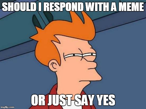 Futurama Fry Meme | SHOULD I RESPOND WITH A MEME; OR JUST SAY YES | image tagged in memes,futurama fry | made w/ Imgflip meme maker