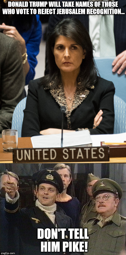 Meanwhile in the UN... | DONALD TRUMP WILL TAKE NAMES OF THOSE WHO VOTE TO REJECT JERUSALEM RECOGNITION... DON'T TELL HIM PIKE! | image tagged in united nations,donald trump | made w/ Imgflip meme maker