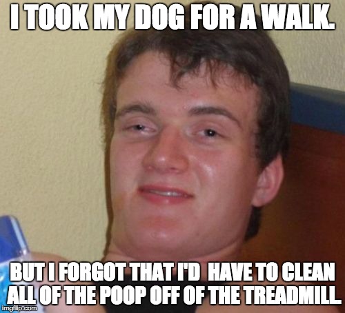 10 Guy Meme | I TOOK MY DOG FOR A WALK. BUT I FORGOT THAT I'D  HAVE TO CLEAN ALL OF THE POOP OFF OF THE TREADMILL. | image tagged in memes,10 guy | made w/ Imgflip meme maker