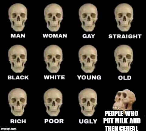 people, people, peopleIT'S CEREAL AND THEN MILKNOT THE OPPOSITE | PEOPLE  WHO PUT MILK  AND THEN CEREAL | image tagged in idiot skull,memes,funny,irony,ssby | made w/ Imgflip meme maker