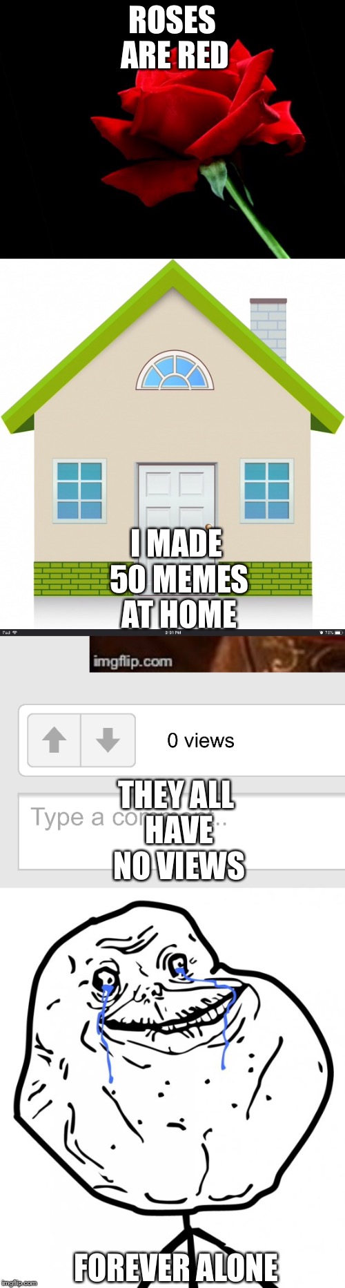 Forever alone | ROSES ARE RED; I MADE 50 MEMES AT HOME; THEY ALL HAVE NO VIEWS; FOREVER ALONE | image tagged in forever alone,memes,roses are red,no views | made w/ Imgflip meme maker