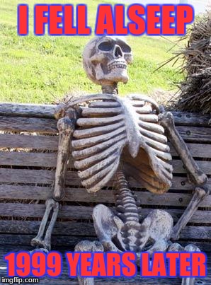 Waiting Skeleton | I FELL ALSEEP; 1999 YEARS LATER | image tagged in memes,waiting skeleton | made w/ Imgflip meme maker