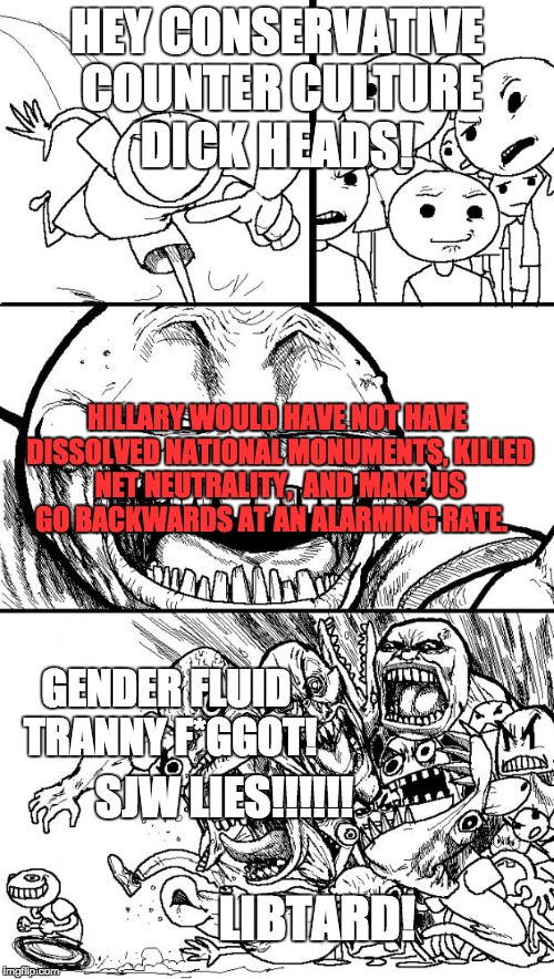 Average Conservative Counter Culture Millennials / Gen Zers in a nutshell  | HEY CONSERVATIVE COUNTER CULTURE DICK HEADS! HILLARY WOULD HAVE NOT HAVE DISSOLVED NATIONAL MONUMENTS, KILLED NET NEUTRALITY,  AND MAKE US GO BACKWARDS AT AN ALARMING RATE. GENDER FLUID TRANNY F*GGOT! SJW LIES!!!!!! LIBTARD! | image tagged in memes,hey internet,politics,conservatives,funny,liberals | made w/ Imgflip meme maker