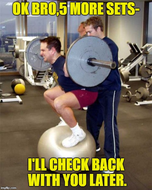 Gym Dwellers | OK BRO,5 MORE SETS-; I'LL CHECK BACK WITH YOU LATER. | image tagged in funny memes,weight lifting,stupid people | made w/ Imgflip meme maker