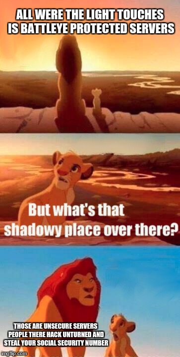 The lands where the hackers run wild | ALL WERE THE LIGHT TOUCHES IS BATTLEYE PROTECTED SERVERS; THOSE ARE UNSECURE SERVERS PEOPLE THERE HACK UNTURNED AND STEAL YOUR SOCIAL SECURITY NUMBER | image tagged in memes,simba shadowy place,unturned | made w/ Imgflip meme maker