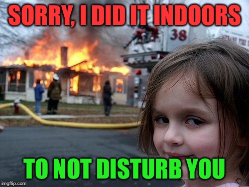 Disaster Girl Meme | SORRY, I DID IT INDOORS TO NOT DISTURB YOU | image tagged in memes,disaster girl | made w/ Imgflip meme maker