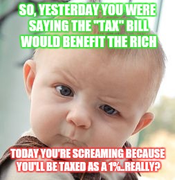 Skeptical Baby Meme | SO, YESTERDAY YOU WERE SAYING THE "TAX" BILL WOULD BENEFIT THE RICH; TODAY YOU'RE SCREAMING BECAUSE YOU'LL BE TAXED AS A 1%..REALLY? | image tagged in memes,skeptical baby | made w/ Imgflip meme maker