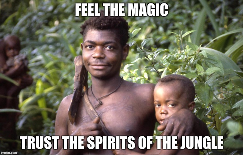 Hunter Gatherers | FEEL THE MAGIC; TRUST THE SPIRITS OF THE JUNGLE | image tagged in magic,spirituality | made w/ Imgflip meme maker