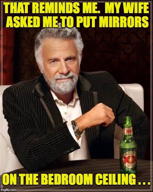 The Most Interesting Man In The World Meme | THAT REMINDS ME.  MY WIFE ASKED ME TO PUT MIRRORS ON THE BEDROOM CEILING . . . | image tagged in memes,the most interesting man in the world | made w/ Imgflip meme maker
