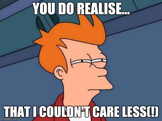 Futurama Fry Meme | YOU DO REALISE... THAT I COULDN'T CARE LESS(!) | image tagged in memes,futurama fry | made w/ Imgflip meme maker