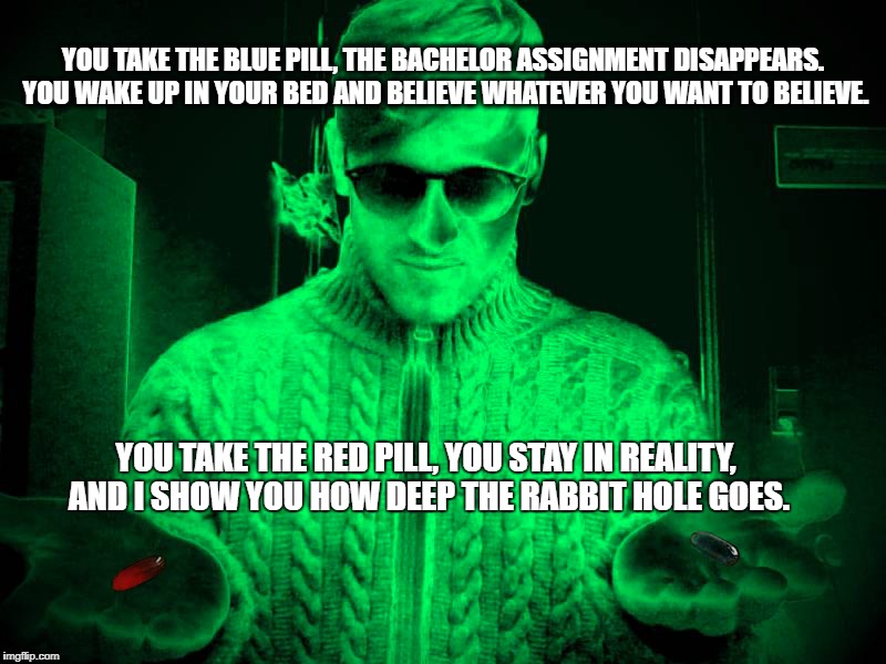 Bachelor Assignment - Red Pill or Blue Pill? | YOU TAKE THE BLUE PILL, THE BACHELOR ASSIGNMENT DISAPPEARS. YOU WAKE UP IN YOUR BED AND BELIEVE WHATEVER YOU WANT TO BELIEVE. YOU TAKE THE RED PILL, YOU STAY IN REALITY, AND I SHOW YOU HOW DEEP THE RABBIT HOLE GOES. | image tagged in student,studying,school meme,matrix morpheus,matrix,red pill blue pill | made w/ Imgflip meme maker