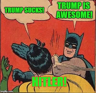 Batman Slapping Robin Meme | TRUMP SUCKS! TRUMP IS AWESOME! HITLER! | image tagged in memes,batman slapping robin | made w/ Imgflip meme maker