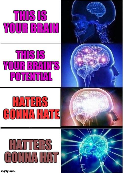 Expanding Brain Meme | THIS IS YOUR BRAIN THIS IS YOUR BRAIN'S POTENTIAL HATERS GONNA HATE HATTERS GONNA HAT | image tagged in memes,expanding brain | made w/ Imgflip meme maker