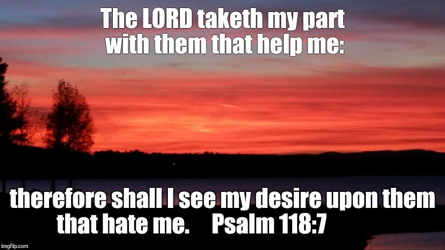 True Word | The LORD taketh my part with them that help me:; therefore shall I see my desire upon them that hate me. 
   Psalm 118:7 | image tagged in holy bible | made w/ Imgflip meme maker