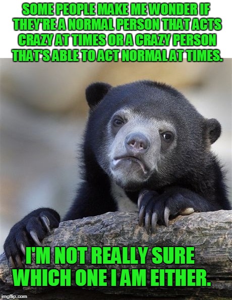 I actually know most of the people that are crazy and hiding it. | SOME PEOPLE MAKE ME WONDER IF THEY'RE A NORMAL PERSON THAT ACTS CRAZY AT TIMES OR A CRAZY PERSON THAT'S ABLE TO ACT NORMAL AT TIMES. I'M NOT REALLY SURE WHICH ONE I AM EITHER. | image tagged in confession bear | made w/ Imgflip meme maker