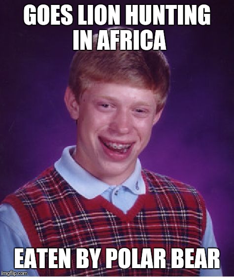 Bad Luck Brian Meme | GOES LION HUNTING IN AFRICA; EATEN BY POLAR BEAR | image tagged in memes,bad luck brian | made w/ Imgflip meme maker