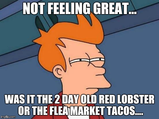 Futurama Fry Meme | NOT FEELING GREAT... WAS IT THE 2 DAY OLD RED LOBSTER OR THE FLEA MARKET TACOS.... | image tagged in memes,futurama fry | made w/ Imgflip meme maker