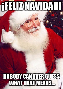 Nobody can ever guess right! | ¡FELIZ NAVIDAD! NOBODY CAN EVER GUESS WHAT THAT MEANS... | image tagged in santa claus | made w/ Imgflip meme maker