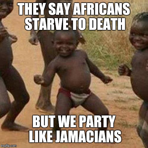 Third World Success Kid Meme | THEY SAY AFRICANS STARVE TO DEATH; BUT WE PARTY LIKE JAMACIANS | image tagged in memes,third world success kid | made w/ Imgflip meme maker