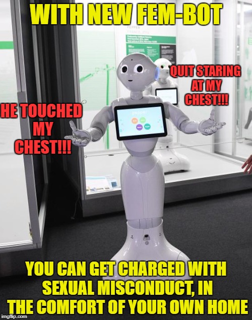 Christmas gift's gone bad | WITH NEW FEM-BOT; QUIT STARING AT MY CHEST!!! HE TOUCHED MY CHEST!!! YOU CAN GET CHARGED WITH SEXUAL MISCONDUCT, IN THE COMFORT OF YOUR OWN HOME | image tagged in funny memes,robot,triggered feminist | made w/ Imgflip meme maker