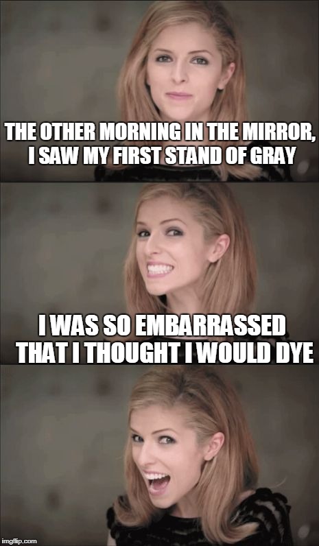 Bad Pun Anna Kendrick | THE OTHER MORNING IN THE MIRROR, I SAW MY FIRST STAND OF GRAY; I WAS SO EMBARRASSED THAT I THOUGHT I WOULD DYE | image tagged in memes,bad pun anna kendrick | made w/ Imgflip meme maker